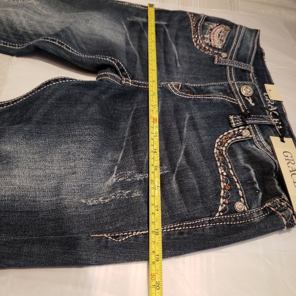 Grace In LA NEW Jeans Denim Embellished Jewel Stud Bead Mesh Slim Bootcut Womens - Picture 5 of 16